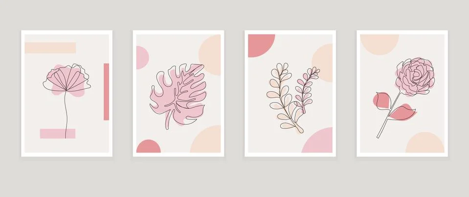 Botanical prints boho vector set wall art trendy. Bohemian style with line ar Ilustração Stock