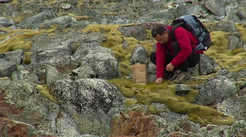 Botanical scientist in Antarctica collecting samples of lichens      Stock Footage 46381861