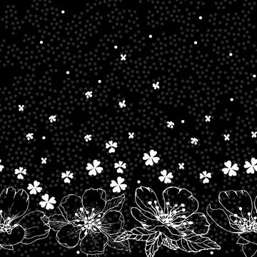 Botanical seamless borders, bezel with white flowers and leaves on a black Stock Illustration