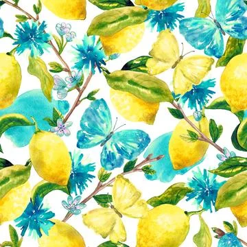 Botanical seamless pattern. Background with beautiful watercolor lemons Stock Illustration