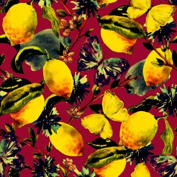Botanical seamless pattern. Background with beautiful watercolor lemons Stock Illustration