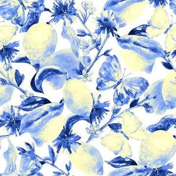 Botanical seamless pattern. Background with beautiful watercolor lemons Stock Illustration