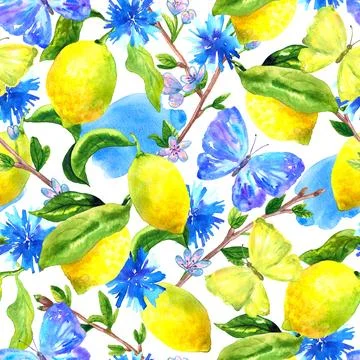 Botanical seamless pattern. Background with beautiful watercolor lemons Stock Illustration