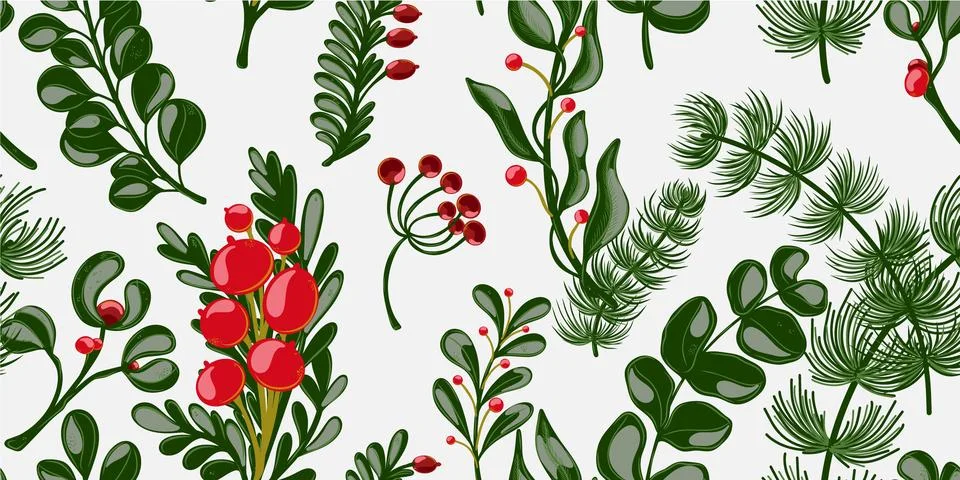 Botanical seamless pattern. Berries, branches with leaves, Christmas, winter  Stock Illustration