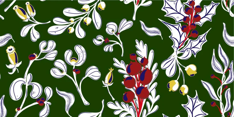 Botanical seamless pattern. Berries, branches with leaves, Christmas, winter  Stock Illustration