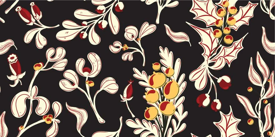 Botanical seamless pattern. Berries, branches with leaves, Christmas, winter  Stock Illustration