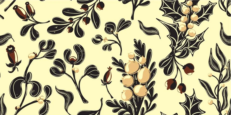 Botanical seamless pattern. Berries, branches with leaves, Christmas, winter  Stock Illustration