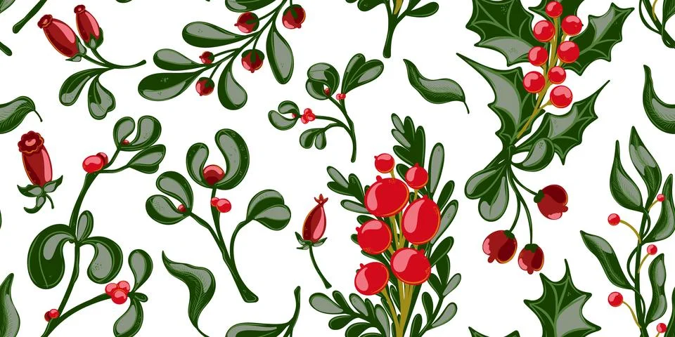 Botanical seamless pattern. Berries, branches with leaves, Christmas, winter  Stock Illustration