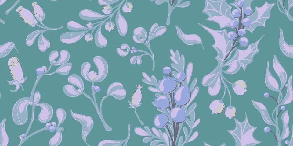 Botanical seamless pattern. Berries, branches with leaves, Christmas, winter  Stock Illustration