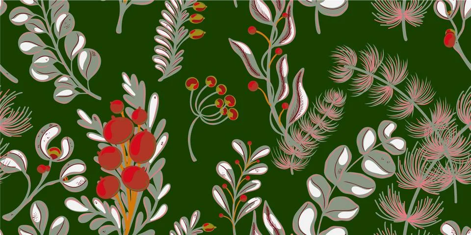Botanical seamless pattern. Berries, branches with leaves, Christmas, winter  Stock Illustration