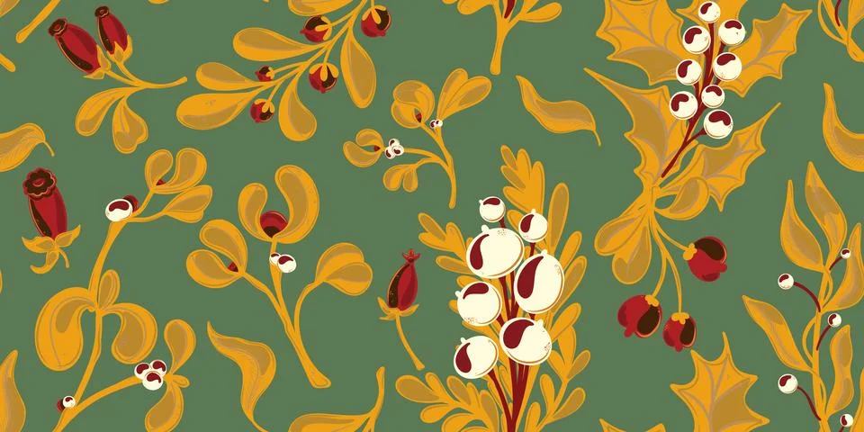 Botanical seamless pattern. Berries, branches with leaves, Christmas, winter  Stock Illustration