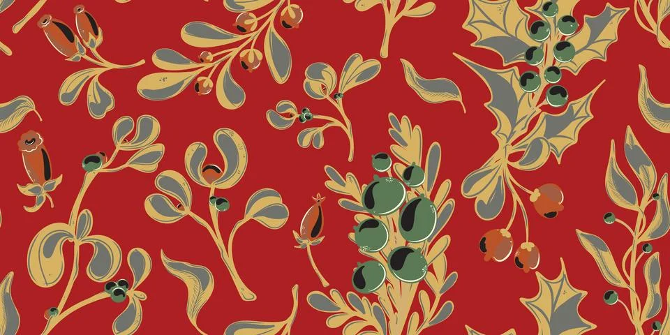 Botanical seamless pattern. Berries, branches with leaves, Christmas, winter  Stock Illustration