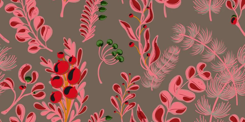 Botanical seamless pattern. Berries, branches with leaves, Christmas, winter  Stock Illustration