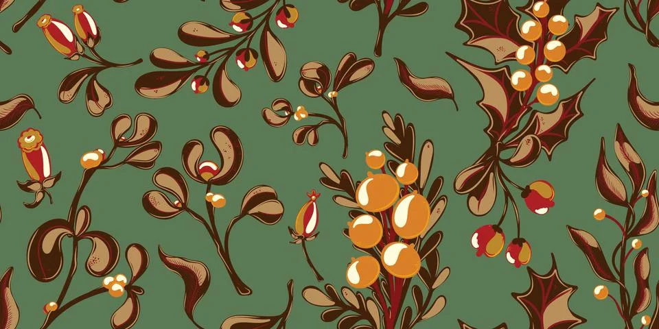 Botanical seamless pattern. Berries, branches with leaves, Christmas, winter  Stock Illustration