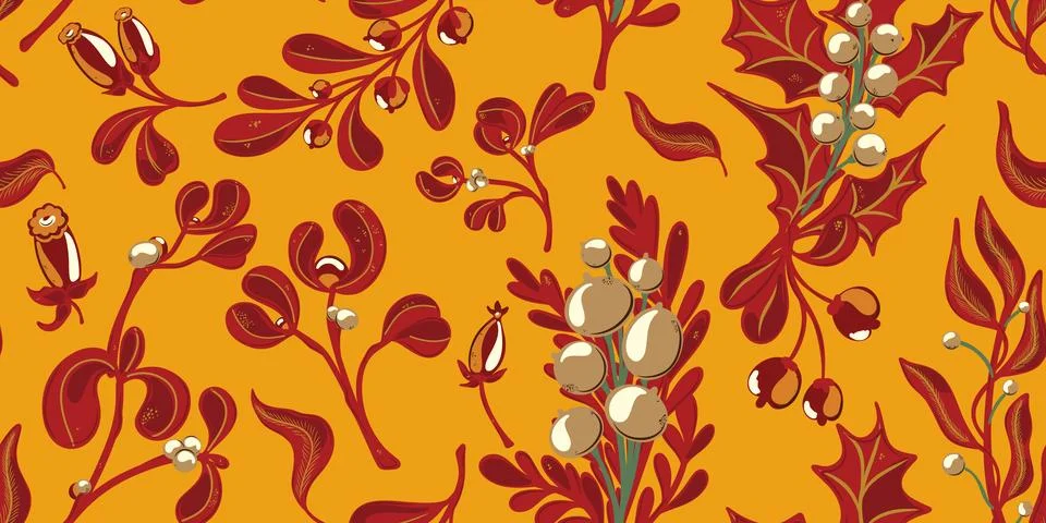 Botanical seamless pattern. Berries, branches with leaves, Christmas, winter  イラスト素材