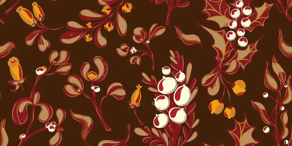 Botanical seamless pattern. Berries, branches with leaves, Christmas, winter  イラスト素材