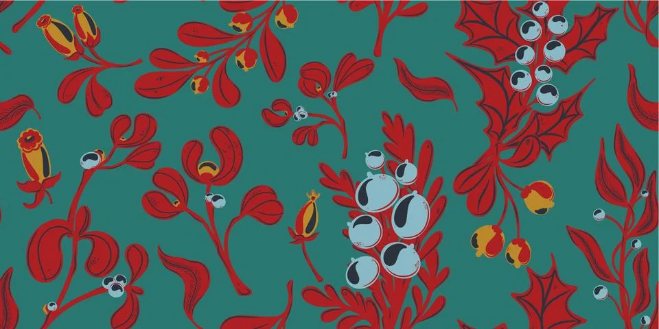 Botanical seamless pattern. Berries, branches with leaves, Christmas, winter  Stock Illustration