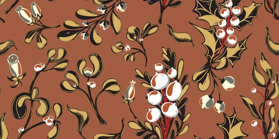 Botanical seamless pattern. Berries, branches with leaves, Christmas, winter  Stock Illustration