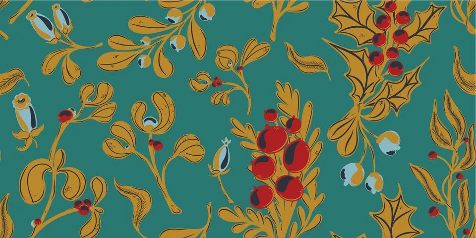 Botanical seamless pattern. Berries, branches with leaves, Christmas, winter  Stock Illustration