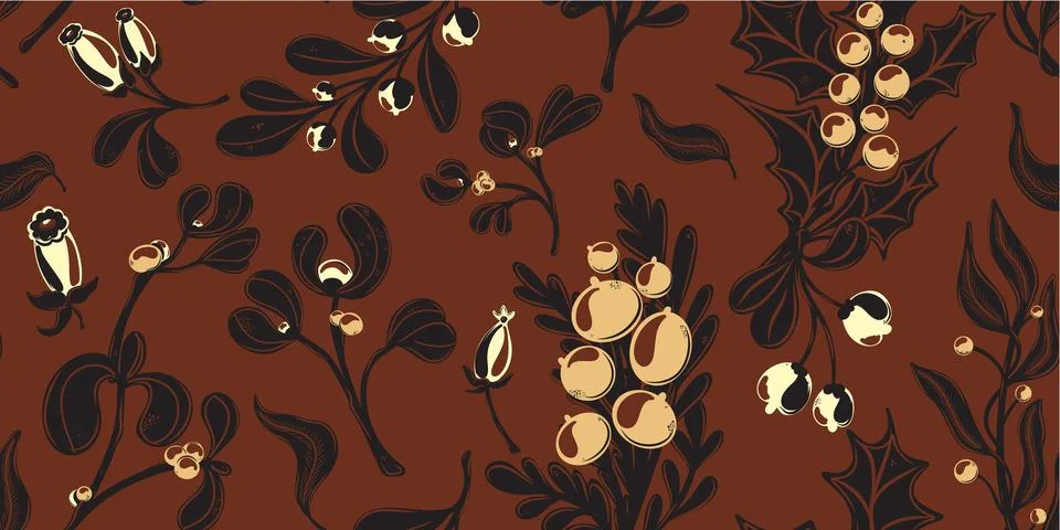 Botanical seamless pattern. Berries, branches with leaves, Christmas, winter  Stock Illustration