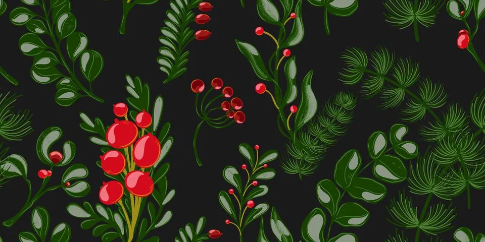 Botanical seamless pattern. Berries, branches with leaves, Christmas, winter  Stock-Illustration