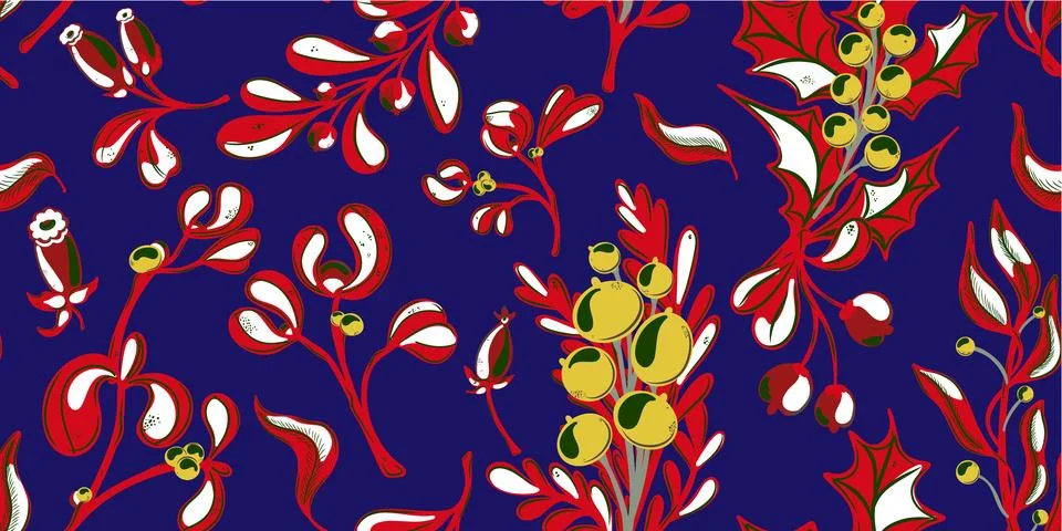 Botanical seamless pattern. Berries, branches with leaves, Christmas, winter  Stock Illustration
