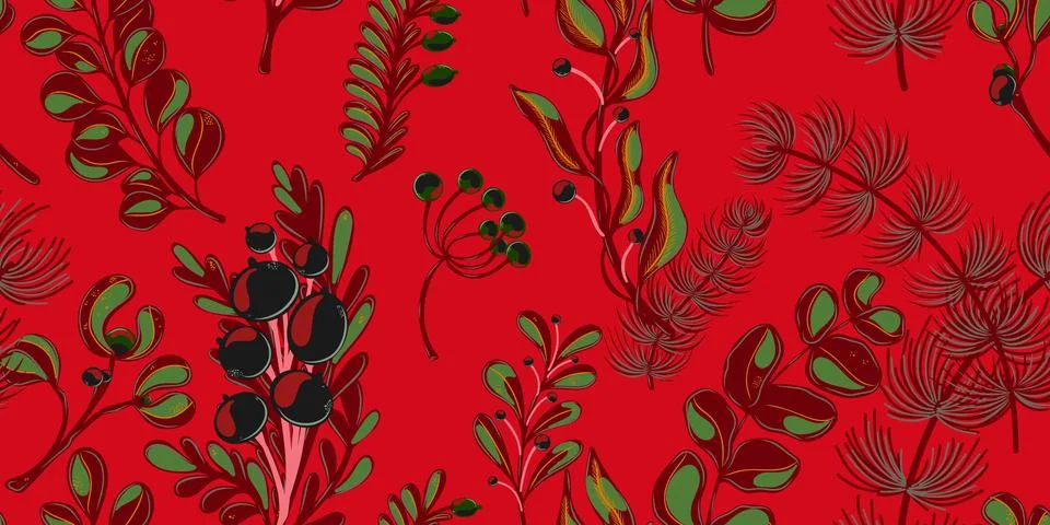 Botanical seamless pattern. Berries, branches with leaves, Christmas, winter  Illustrazione stock