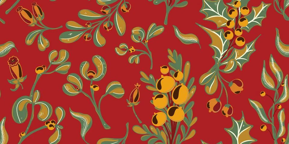Botanical seamless pattern. Berries, branches with leaves, Christmas, winter  Stockillustratie