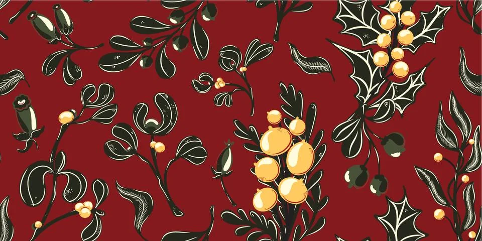 Botanical seamless pattern. Berries, branches with leaves, Christmas, winter  Stock Illustration