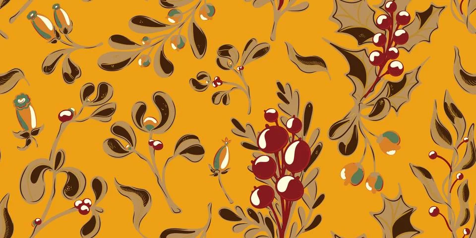 Botanical seamless pattern. Berries, branches with leaves, Christmas, winter  Stock Illustration