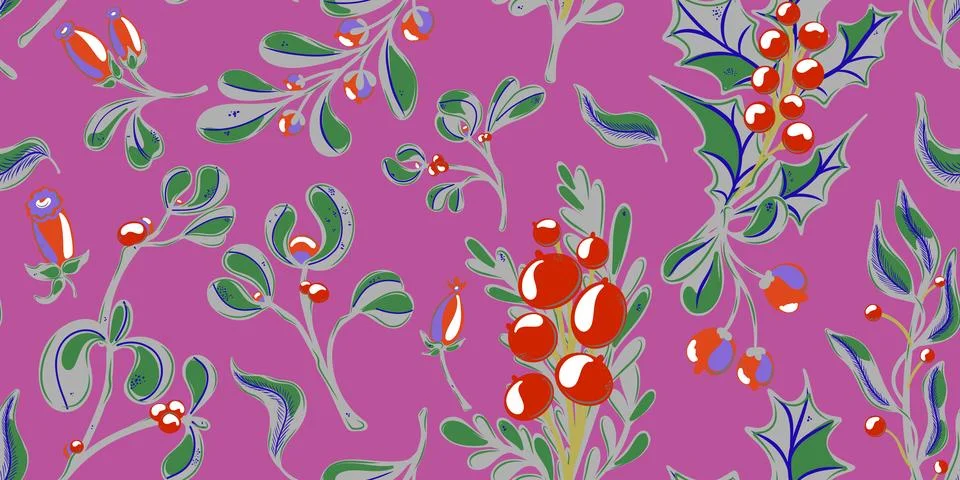 Botanical seamless pattern. Berries, branches with leaves, Christmas, winter  Stock Illustration