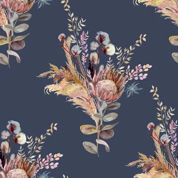 Botanical seamless pattern with bouquet of dried protea flowers and tropical Illustrazione stock