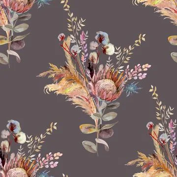 Botanical seamless pattern with bouquet of dried protea flowers and tropical Stock Illustration