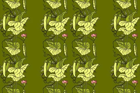 Botanical seamless pattern with cartoon growing green peas vector illustrat.. Stock Illustration