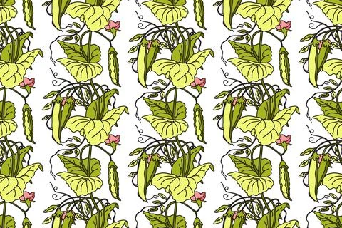 Botanical seamless pattern with cartoon growing green peas vector illustrat.. Stock Illustration