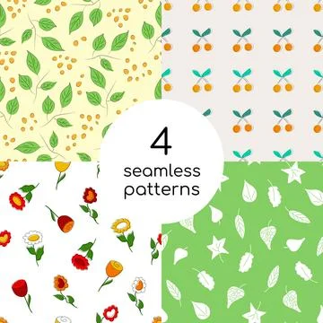 Botanical seamless pattern collection with leaves, berries and flowers. Vec.. 库存插图