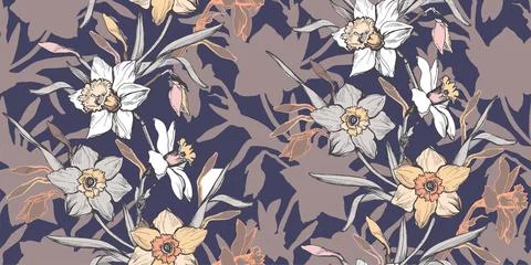 Botanical seamless pattern with elegant ink hand drawn flowers daffodils. Stock Illustration