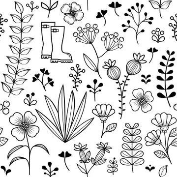 Botanical Seamless Pattern, Hand Drawn Wild Flowers And Herbs Stock Illustration