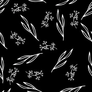 Botanical seamless pattern, hand drawn line art leaves on black Stock Illustration