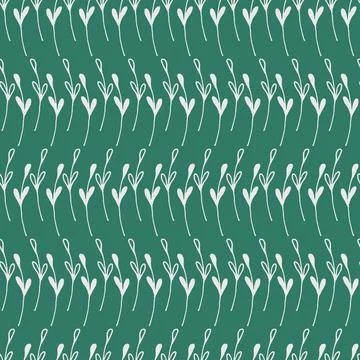Botanical seamless pattern with herbal rows on green background. Stock Illustration