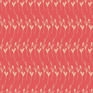 Botanical seamless pattern with herbal rows on red background. Stock Illustration