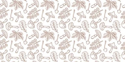 Botanical seamless pattern with mushroom and leaf in line art style. Autumn Illustration
