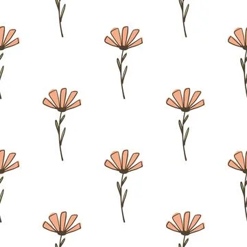 Botanical seamless pattern with orange outline flower elements. White backgro Illustrazione stock