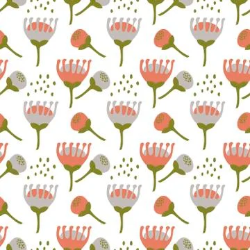 Botanical seamless pattern in Scandinavian style. Light grey, peach pink. Fla 스톡 일러스트