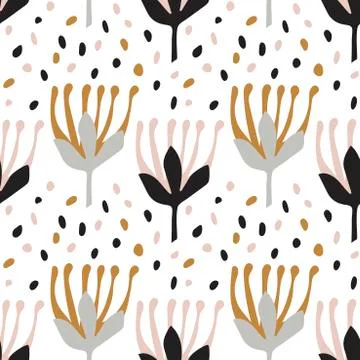 Botanical seamless pattern in Scandinavian style. Light grey, pink, dark blue Stock Illustration