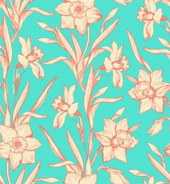Botanical seamless pattern with silhouette of flowers daffodils, narcissus on Stock Illustration