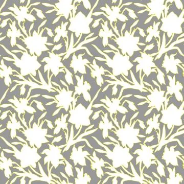 Botanical seamless pattern with silhouettes hand drawn flowers daffodils Stock Illustration