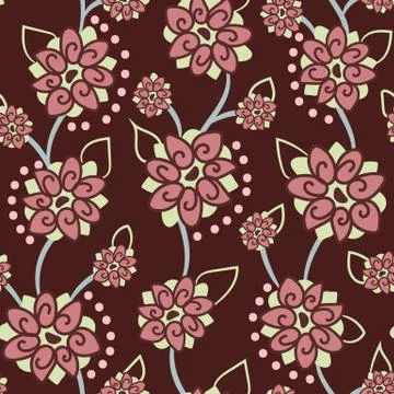 Botanical seamless vector pattern with flowers on dark burgundy background Stock Illustration