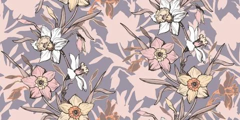 Botanical sensual seamless pattern with hand drawn flowers daffodils on pink. Stock Illustration