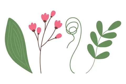 Botanical Set of 4 spring design elements for sticker, icon, greeting, card and Stock Illustration